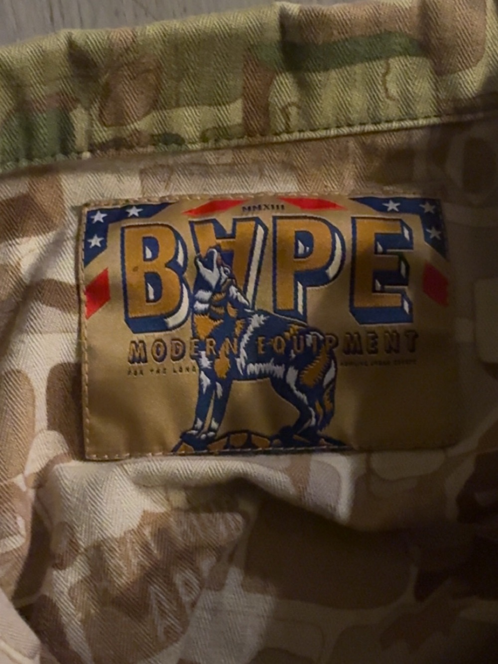 Bape Men’s Cargo Pants in Tan Camo with Blue Logo Patch